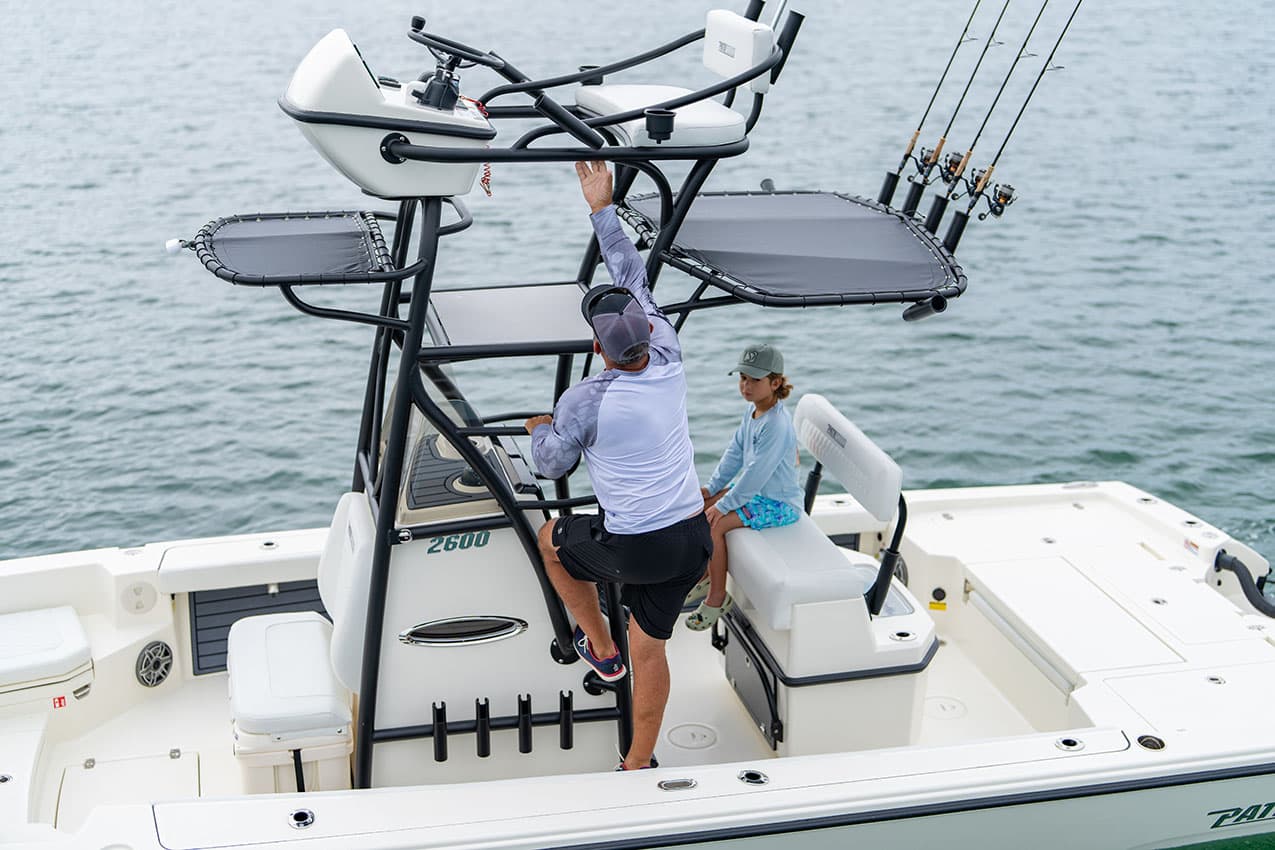 Accessing Second Station on Pathfinder 26 Foot Bay Boat.