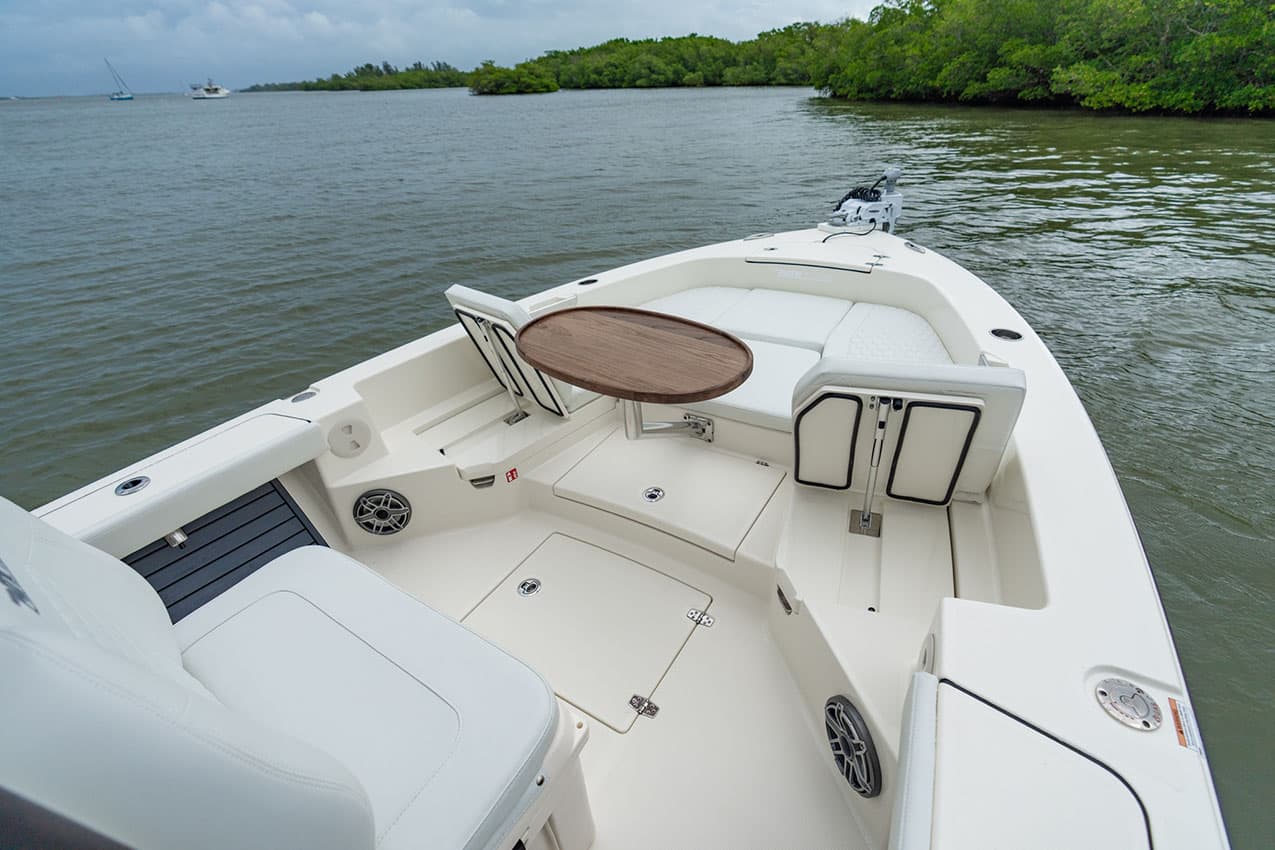Teak Bow Table on Pathfinder 2600 TRS.