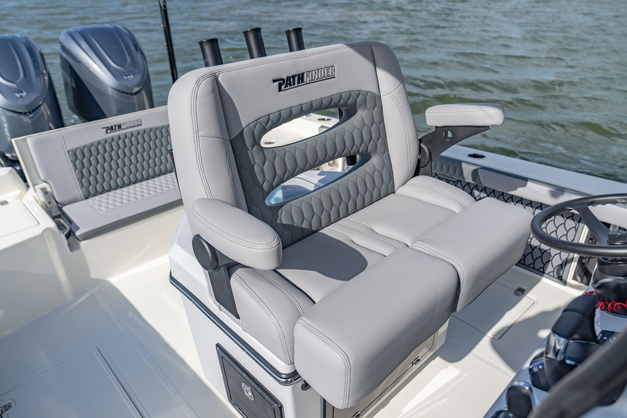 Pathfinder 2800 Hybrid helm seat looking back.