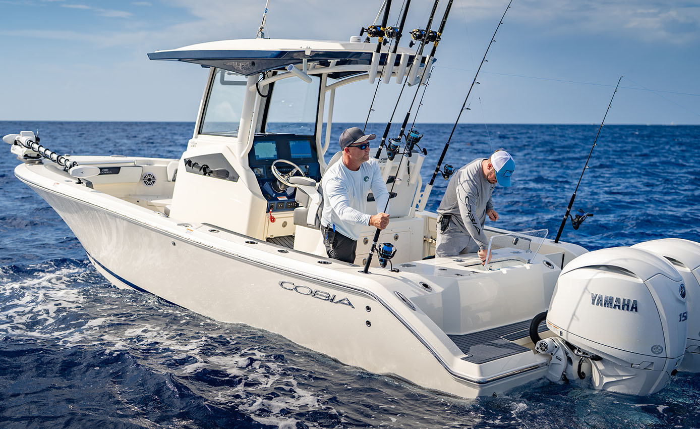 Cobia Boats 245 center console transom with livewell and rod holders.