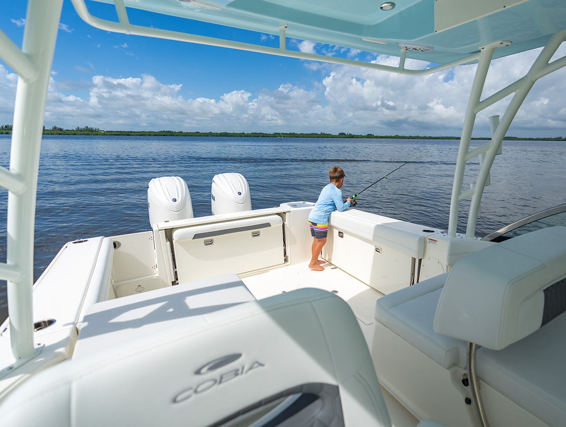 The spacious 45 square-foot aft cockpit of the Cobia 280 DC is ideal of entertaining or fishing.