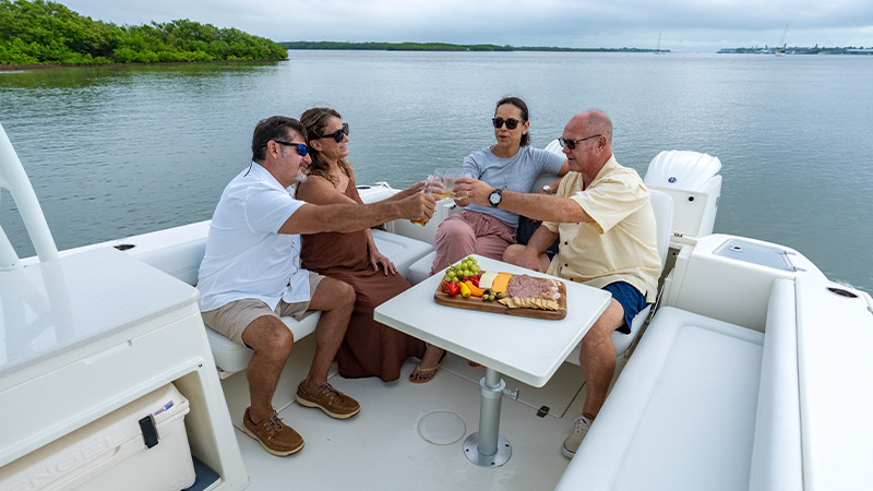 A generous 45 sq. ft. cockpit with convertible seating and table comfortably accommodates the crew for cruising, dining, or relaxing.