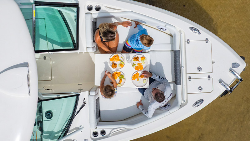 The roomy bow seating converts effortlessly to a full sun lounge or an inviting dining area.