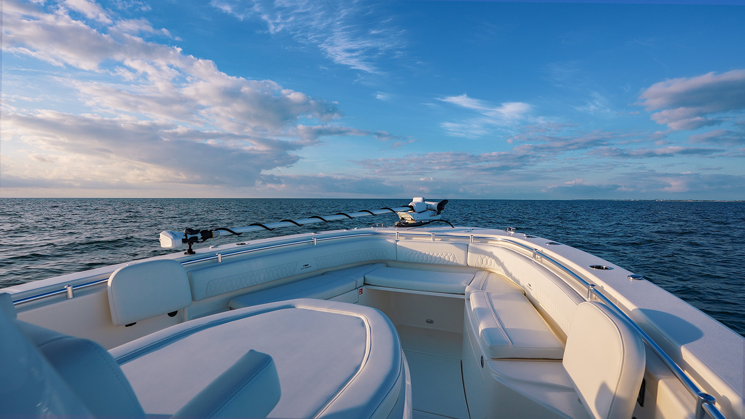 Cobia 350 CC Bow seating area and lounge seat.